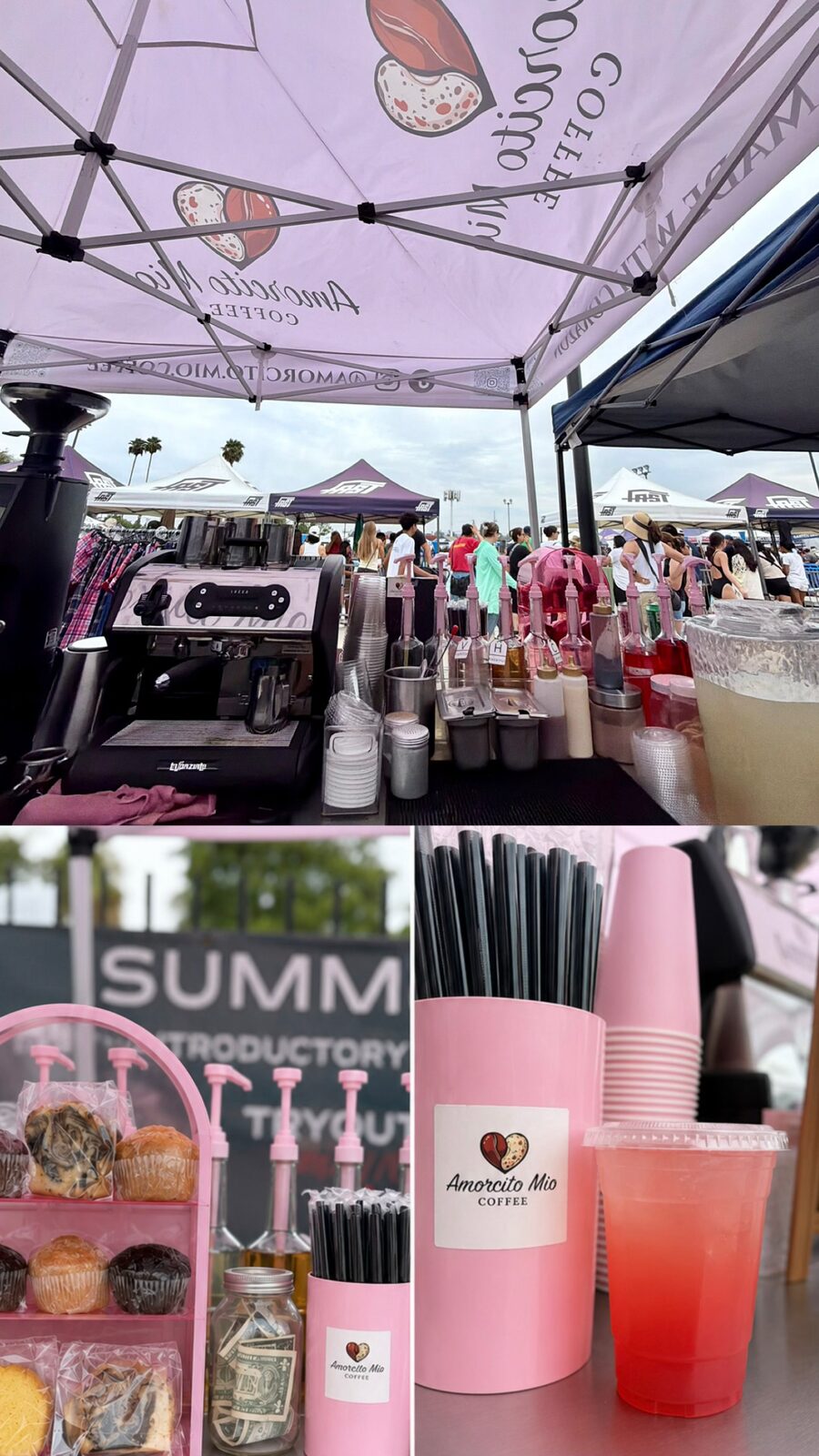 Conchas, muffins and pan dulce on a pink tiered stand next to pink cups.
